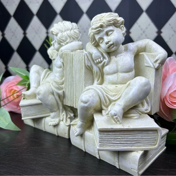 Cherub Bookends Reading Angel Sculpture Library Shelf Decor Book Lover Gift - Picture 3 of 12